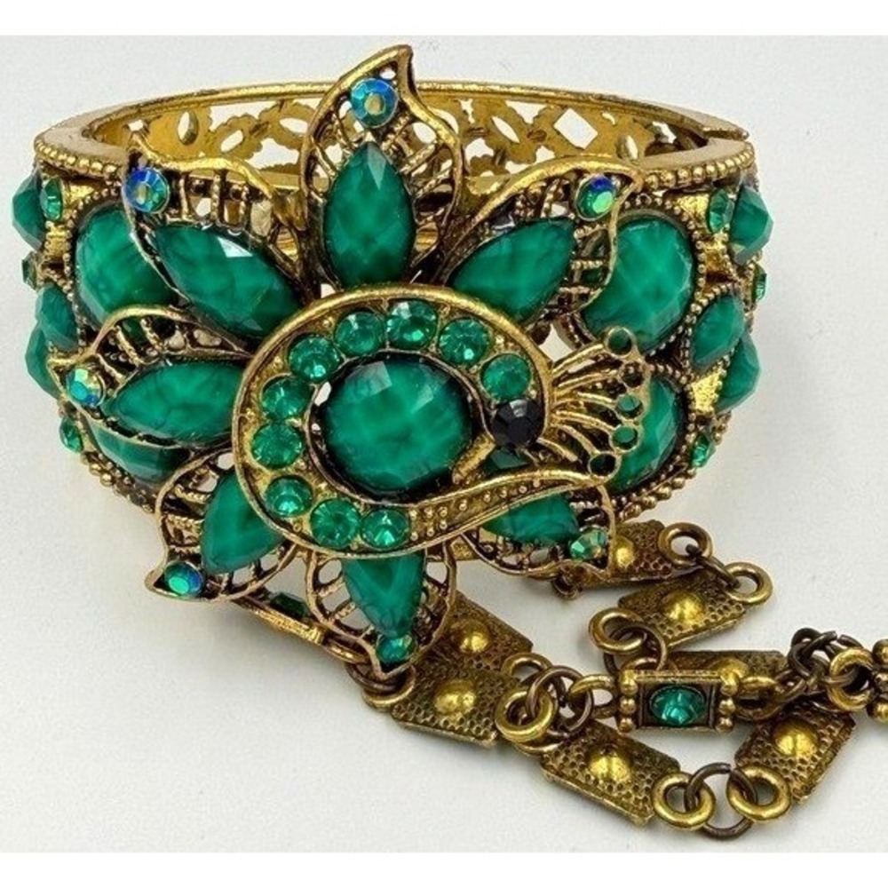 Green Rhinestone Cuff Bracelet Set Gold Tone Boho Statement